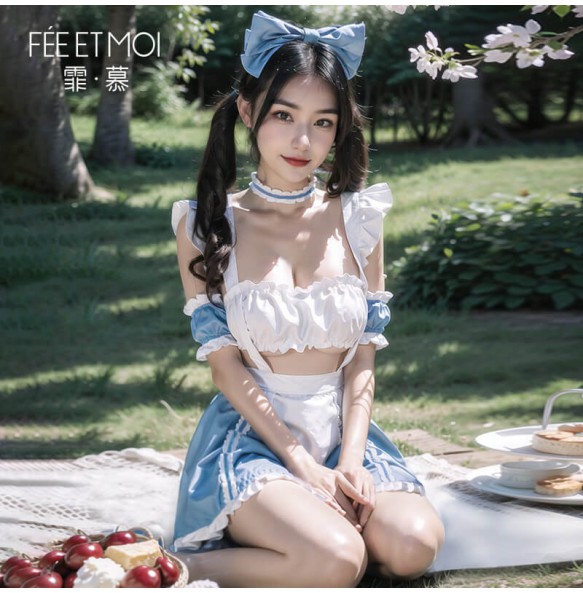 FEE ET MOI - Ruched Sweetheart Maid Outfit With Stockings (Blue - White)